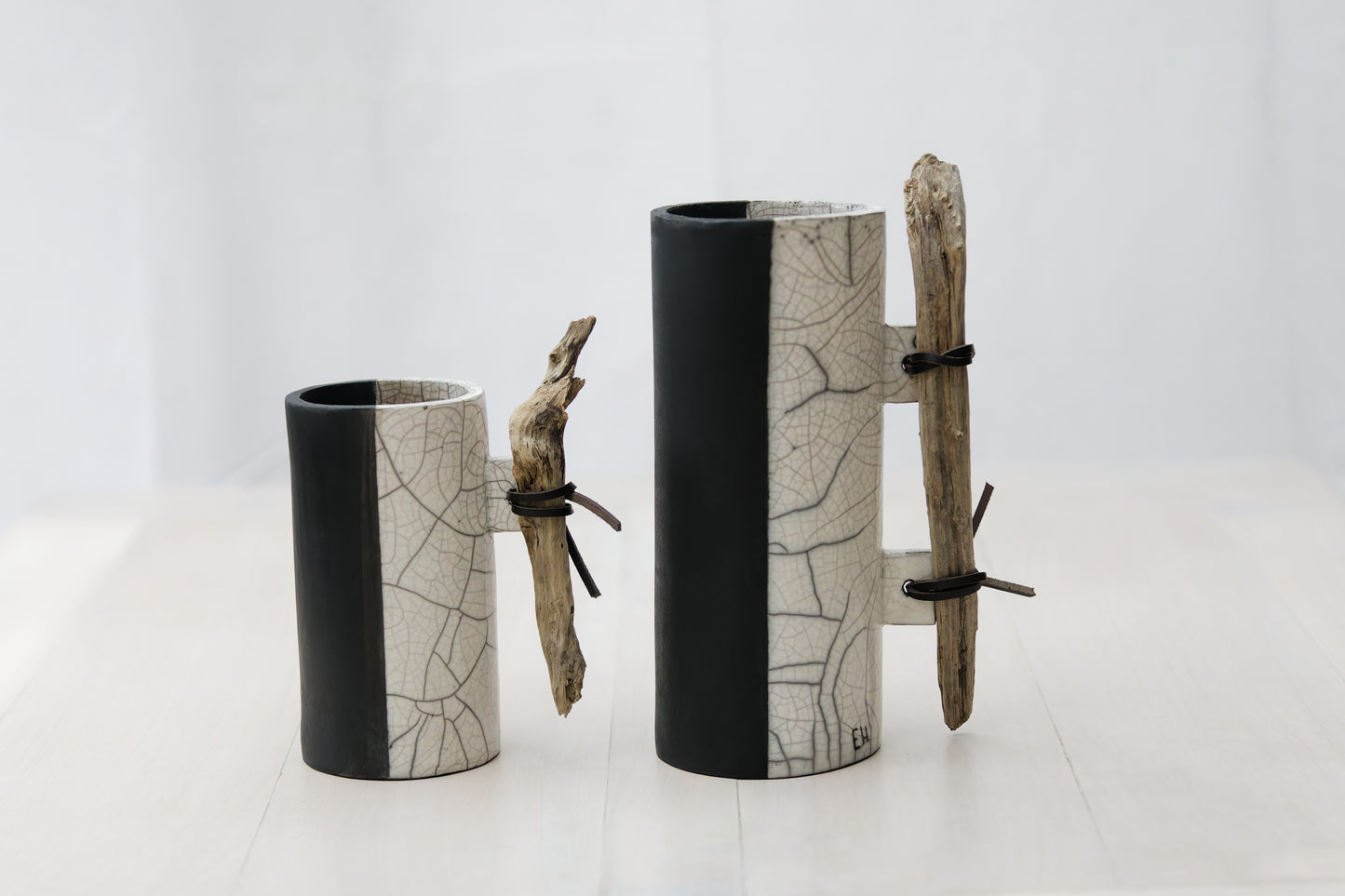 Raku - Duo Vases Raku anses en bois flotté